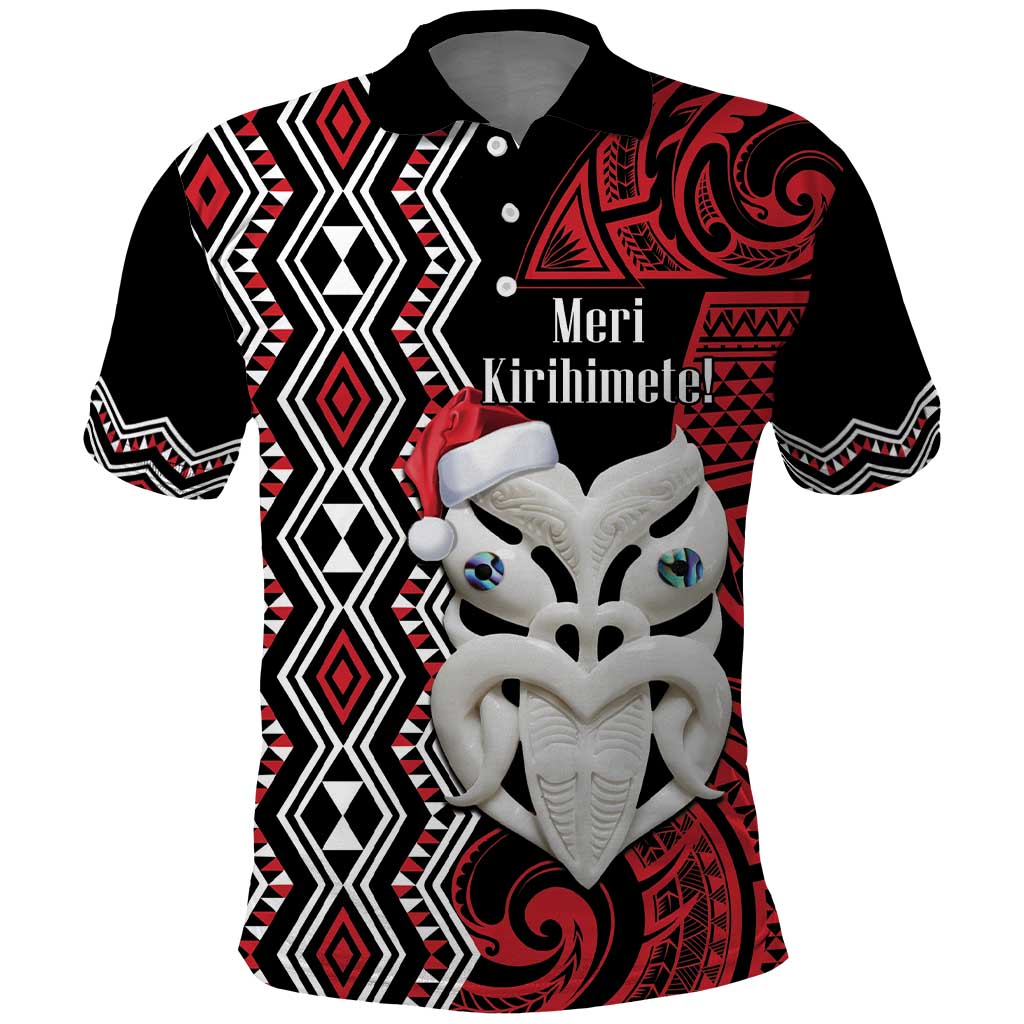 Personalised New Zealand Christmas Polo Shirt Meri Kirihimete Maori Wheku - Taniko Art LT14 Black - Polynesian Pride