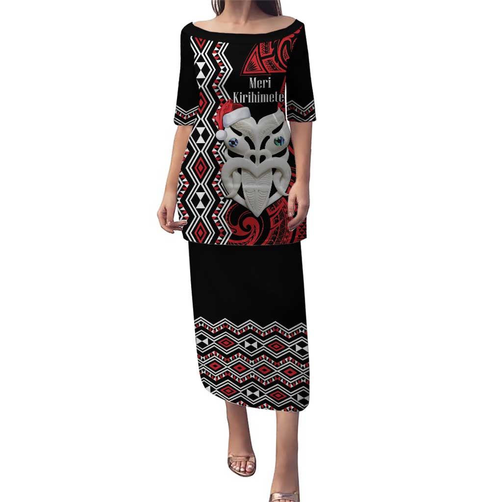 Personalised New Zealand Christmas Puletasi Meri Kirihimete Maori Wheku - Taniko Art LT14 Long Dress Black - Polynesian Pride