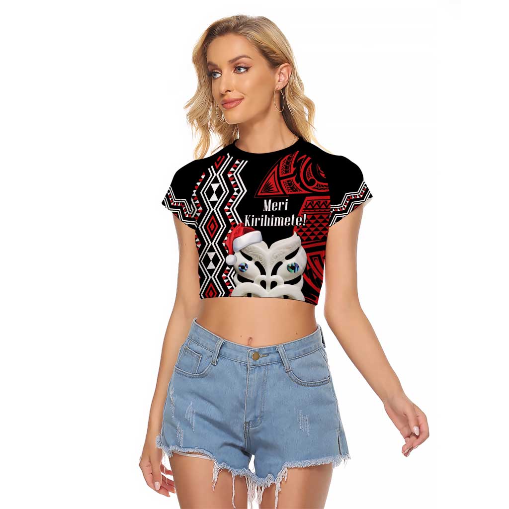 Personalised New Zealand Christmas Raglan Cropped T Shirt Meri Kirihimete Maori Wheku - Taniko Art LT14 Female Black - Polynesian Pride