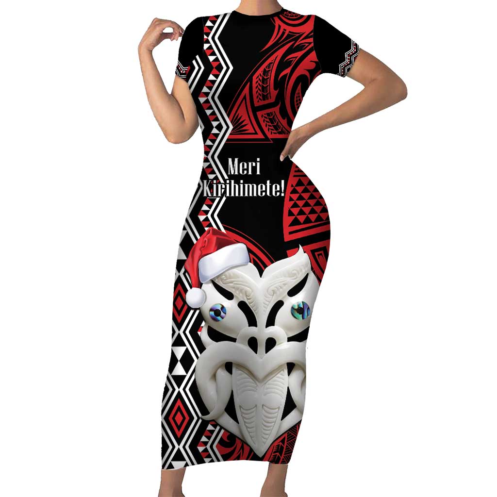 Personalised New Zealand Christmas Short Sleeve Bodycon Dress Meri Kirihimete Maori Wheku - Taniko Art LT14 Long Dress Black - Polynesian Pride