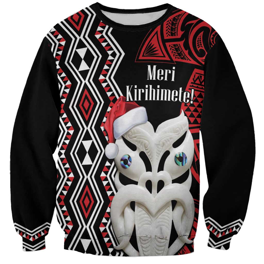 Personalised New Zealand Christmas Sweatshirt Meri Kirihimete Maori Wheku - Taniko Art LT14 Unisex Black - Polynesian Pride