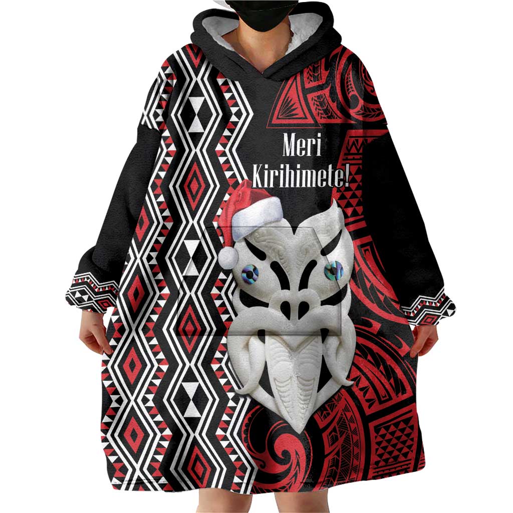 Personalised New Zealand Christmas Wearable Blanket Hoodie Meri Kirihimete Maori Wheku - Taniko Art LT14 - Polynesian Pride