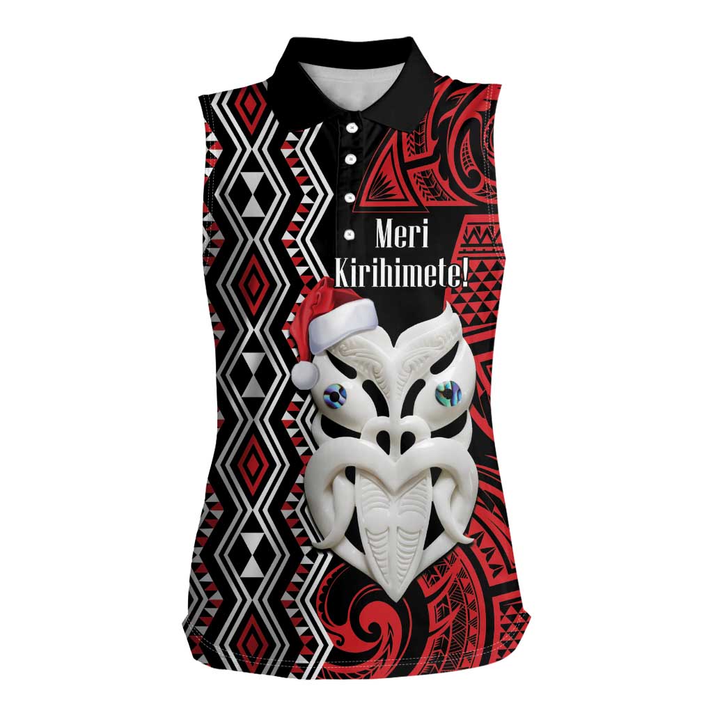 Personalised New Zealand Christmas Women Sleeveless Polo Shirt Meri Kirihimete Maori Wheku - Taniko Art LT14 Female Black - Polynesian Pride
