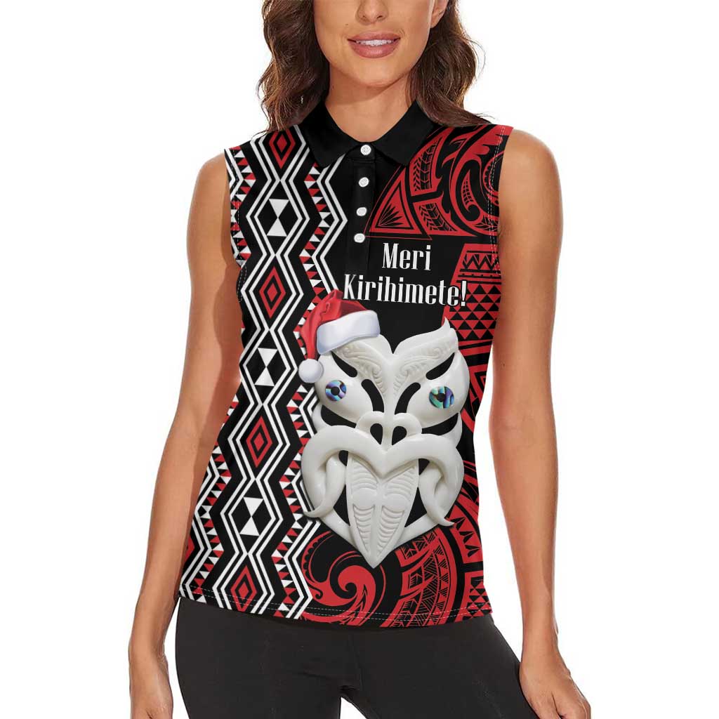 Personalised New Zealand Christmas Women Sleeveless Polo Shirt Meri Kirihimete Maori Wheku - Taniko Art LT14 - Polynesian Pride