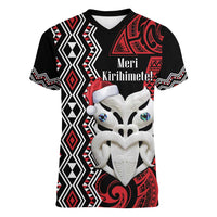 Personalised New Zealand Christmas Women V-Neck T-Shirt Meri Kirihimete Maori Wheku - Taniko Art LT14 Female Black - Polynesian Pride