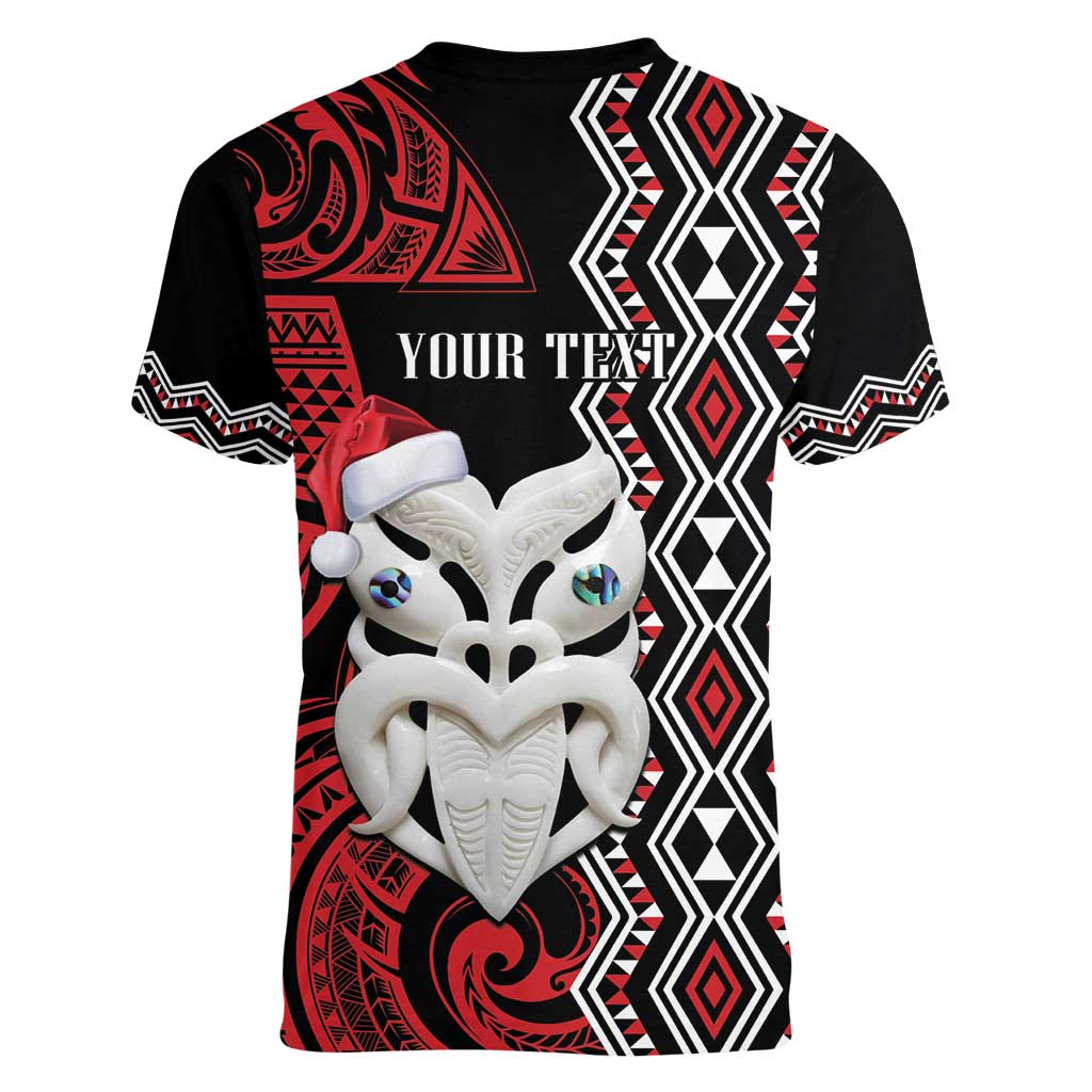 Personalised New Zealand Christmas Women V-Neck T-Shirt Meri Kirihimete Maori Wheku - Taniko Art LT14 - Polynesian Pride