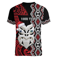 Personalised New Zealand Christmas Women V-Neck T-Shirt Meri Kirihimete Maori Wheku - Taniko Art LT14 - Polynesian Pride