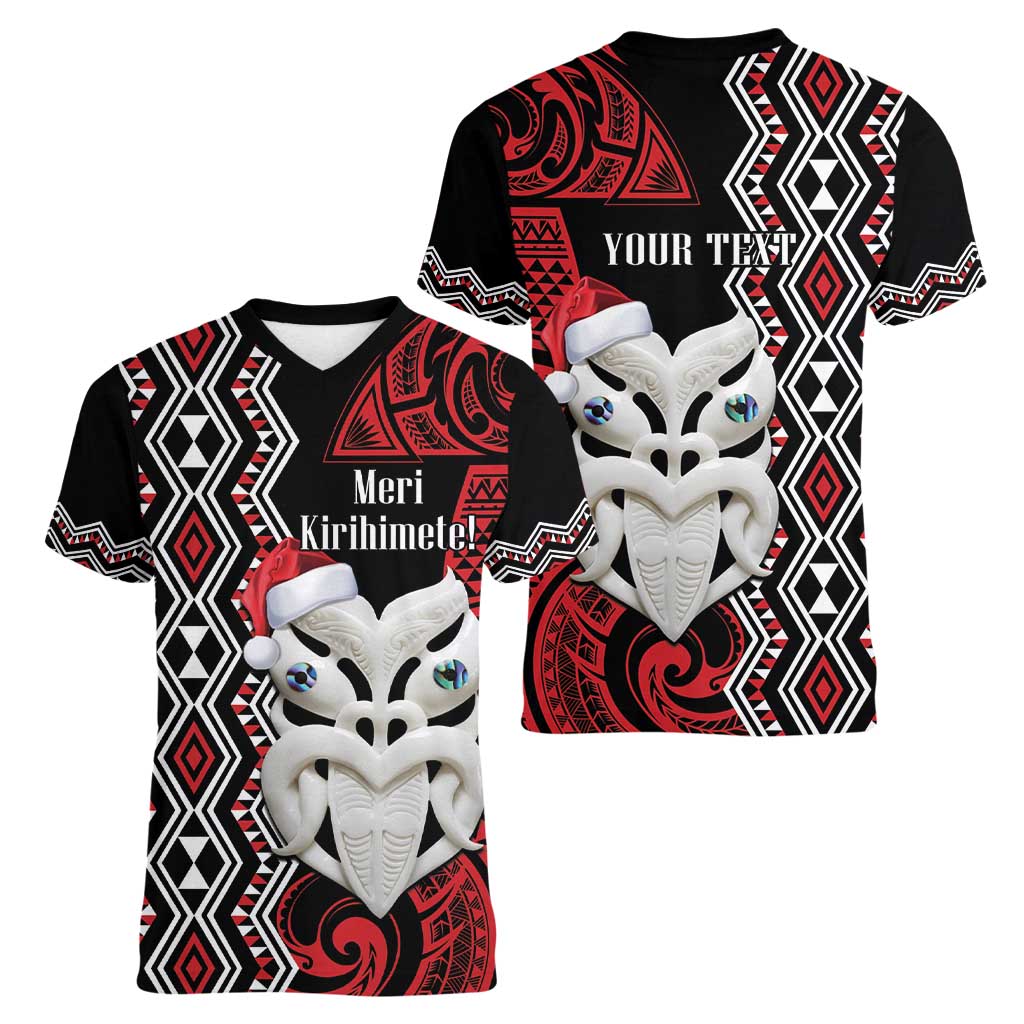 Personalised New Zealand Christmas Women V-Neck T-Shirt Meri Kirihimete Maori Wheku - Taniko Art LT14 - Polynesian Pride