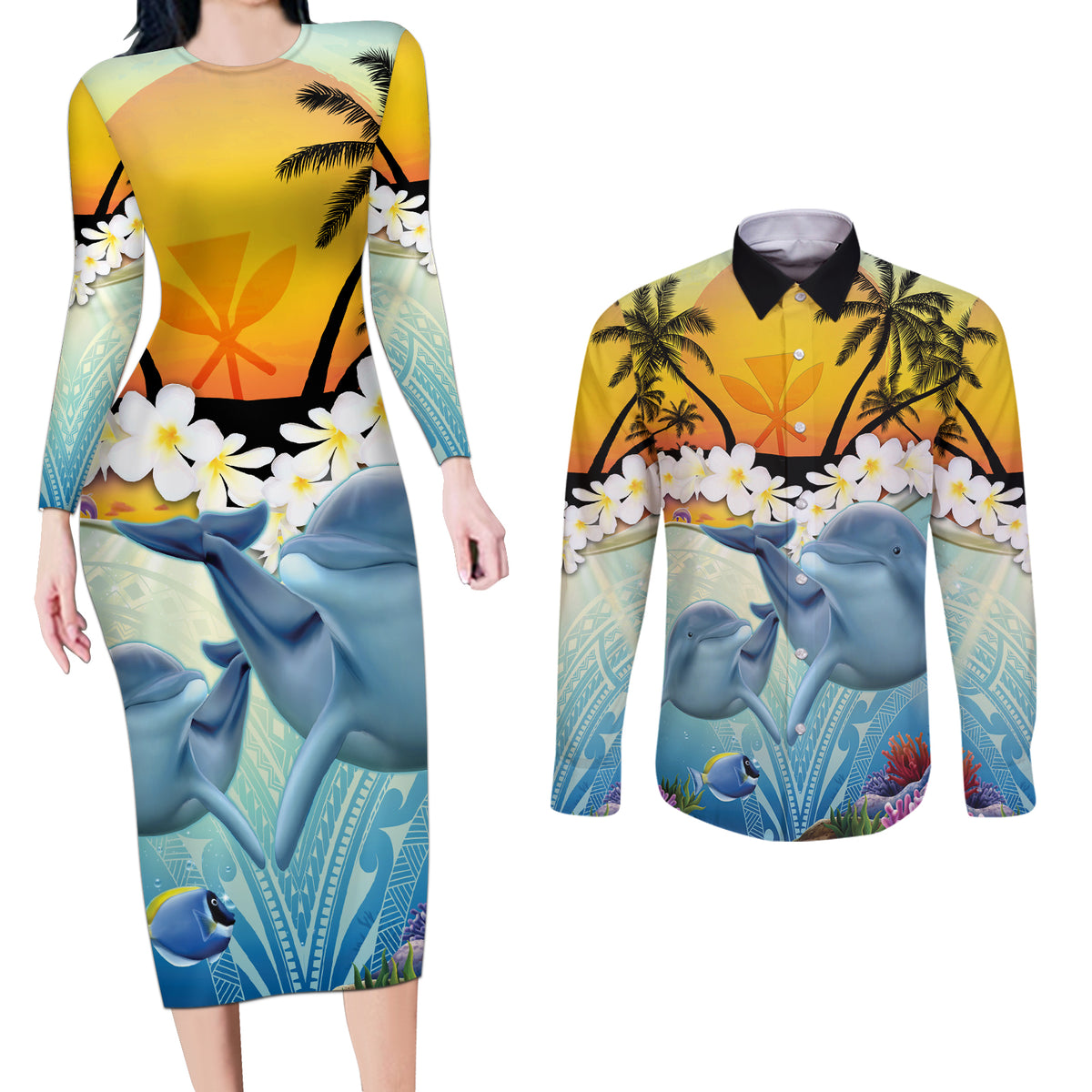 Aloha Hawaii Dolphins Couples Matching Long Sleeve Bodycon Dress and Long Sleeve Button Shirt Heart Of The Ocean Tropical Summer Vibes LT14 Blue - Polynesian Pride