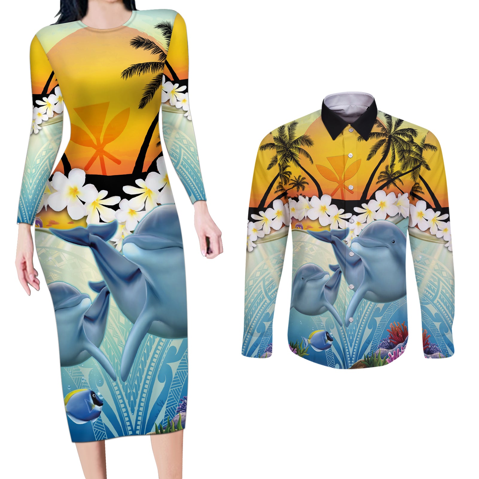 Aloha Hawaii Dolphins Couples Matching Long Sleeve Bodycon Dress and Long Sleeve Button Shirt Heart Of The Ocean Tropical Summer Vibes LT14 Blue - Polynesian Pride