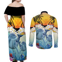 Aloha Hawaii Dolphins Couples Matching Off Shoulder Maxi Dress and Long Sleeve Button Shirt Heart Of The Ocean Tropical Summer Vibes LT14 - Polynesian Pride