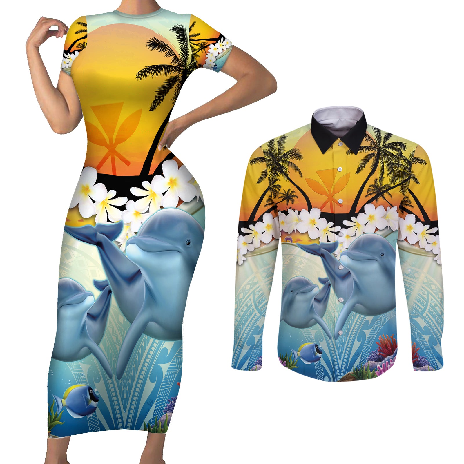 Aloha Hawaii Dolphins Couples Matching Short Sleeve Bodycon Dress and Long Sleeve Button Shirt Heart Of The Ocean Tropical Summer Vibes LT14 Blue - Polynesian Pride