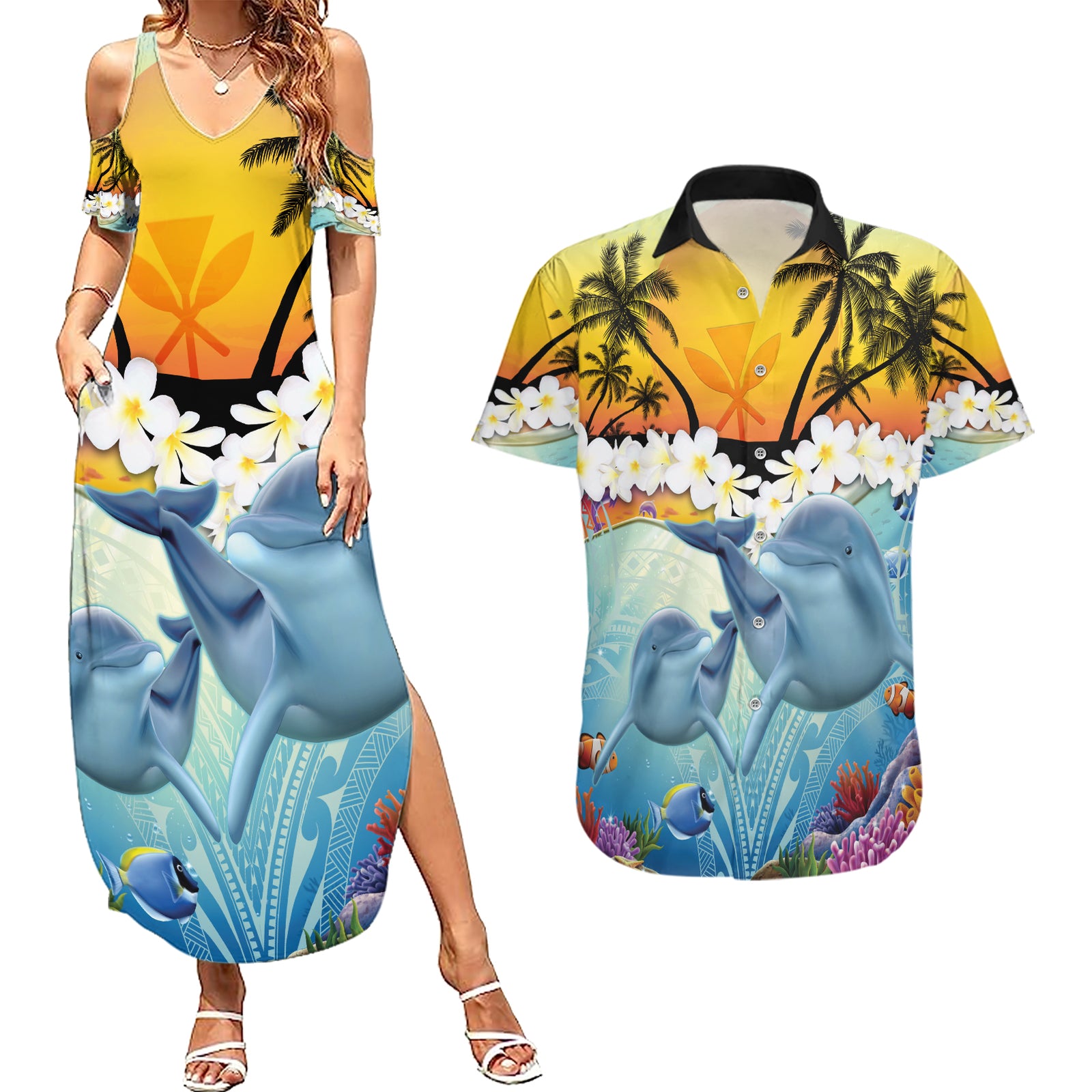 Aloha Hawaii Dolphins Couples Matching Summer Maxi Dress and Hawaiian Shirt Heart Of The Ocean Tropical Summer Vibes LT14 Blue - Polynesian Pride