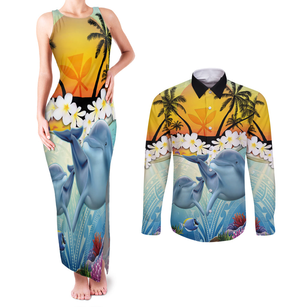 Aloha Hawaii Dolphins Couples Matching Tank Maxi Dress and Long Sleeve Button Shirt Heart Of The Ocean Tropical Summer Vibes LT14 Blue - Polynesian Pride