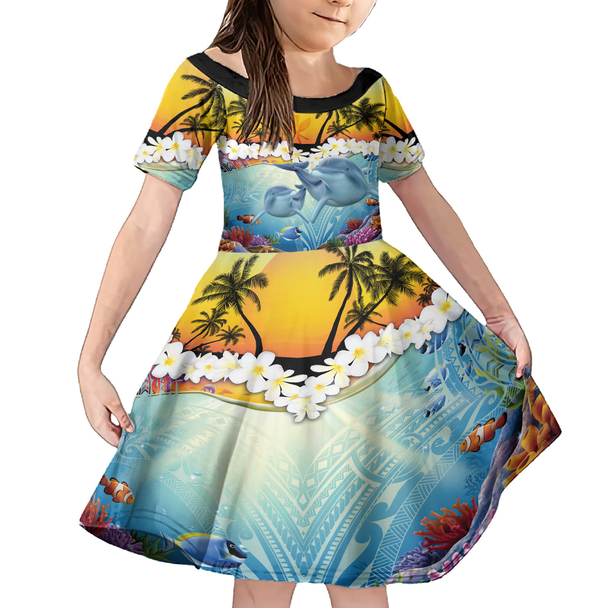 Aloha Hawaii Dolphins Family Matching Short Sleeve Bodycon Dress and Hawaiian Shirt Heart Of The Ocean Tropical Summer Vibes LT14 Daughter's Dress Blue - Polynesian Pride