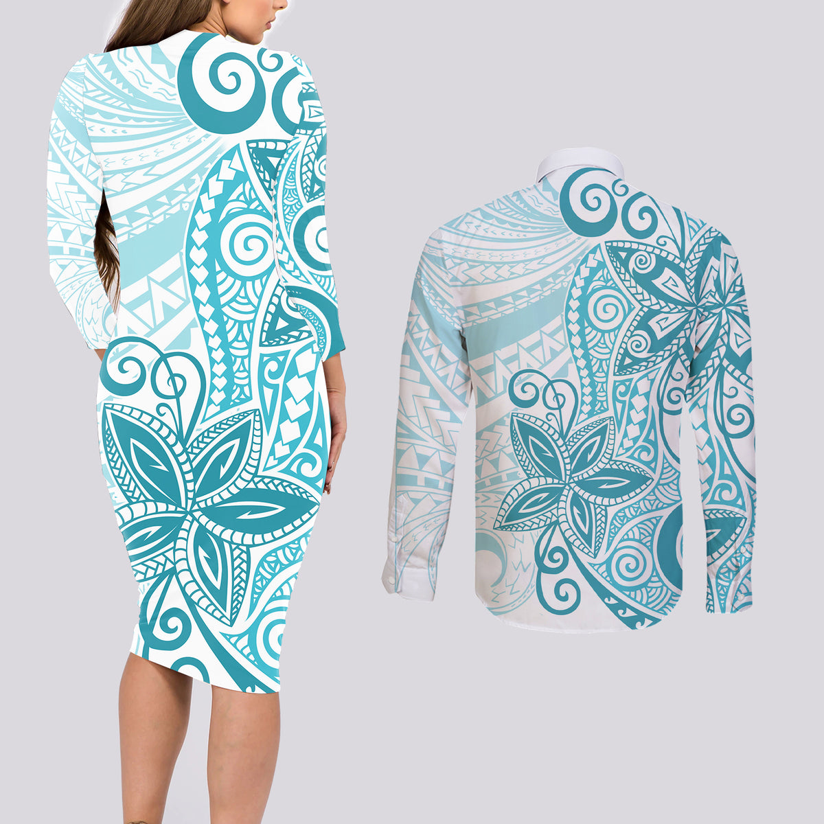 Polynesia Dolphins Couples Matching Long Sleeve Bodycon Dress and Long Sleeve Button Shirt Valentine Day Floral Polynesian - Vintage Dark Cyan LT14 - Polynesian Pride