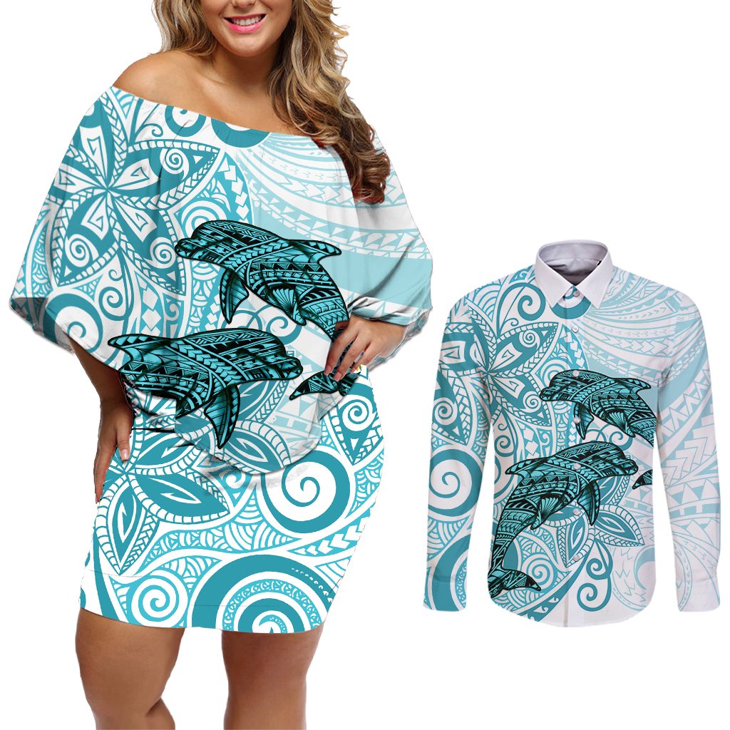 Polynesia Dolphins Couples Matching Off Shoulder Short Dress and Long Sleeve Button Shirt Valentine Day Floral Polynesian - Vintage Dark Cyan LT14 Dark Cyan - Polynesian Pride