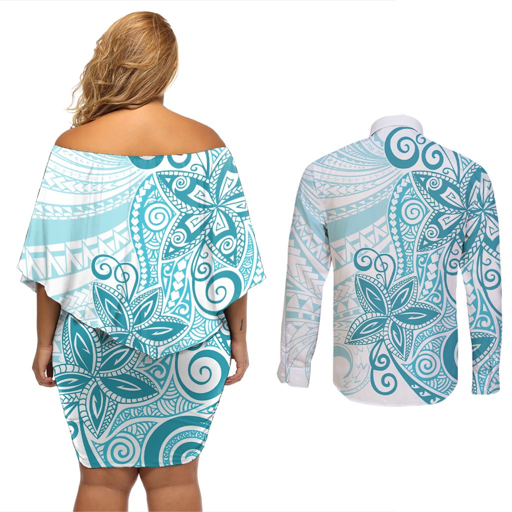 Polynesia Dolphins Couples Matching Off Shoulder Short Dress and Long Sleeve Button Shirt Valentine Day Floral Polynesian - Vintage Dark Cyan LT14 - Polynesian Pride