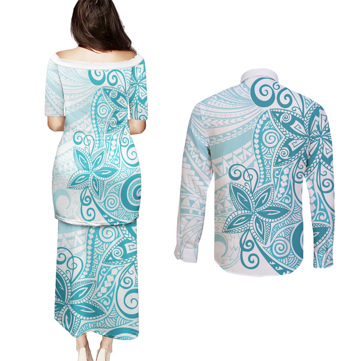 Polynesia Dolphins Couples Matching Puletasi and Long Sleeve Button Shirt Valentine Day Floral Polynesian - Vintage Dark Cyan LT14 - Polynesian Pride