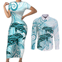 Polynesia Dolphins Couples Matching Short Sleeve Bodycon Dress and Long Sleeve Button Shirt Valentine Day Floral Polynesian - Vintage Dark Cyan LT14 Dark Cyan - Polynesian Pride