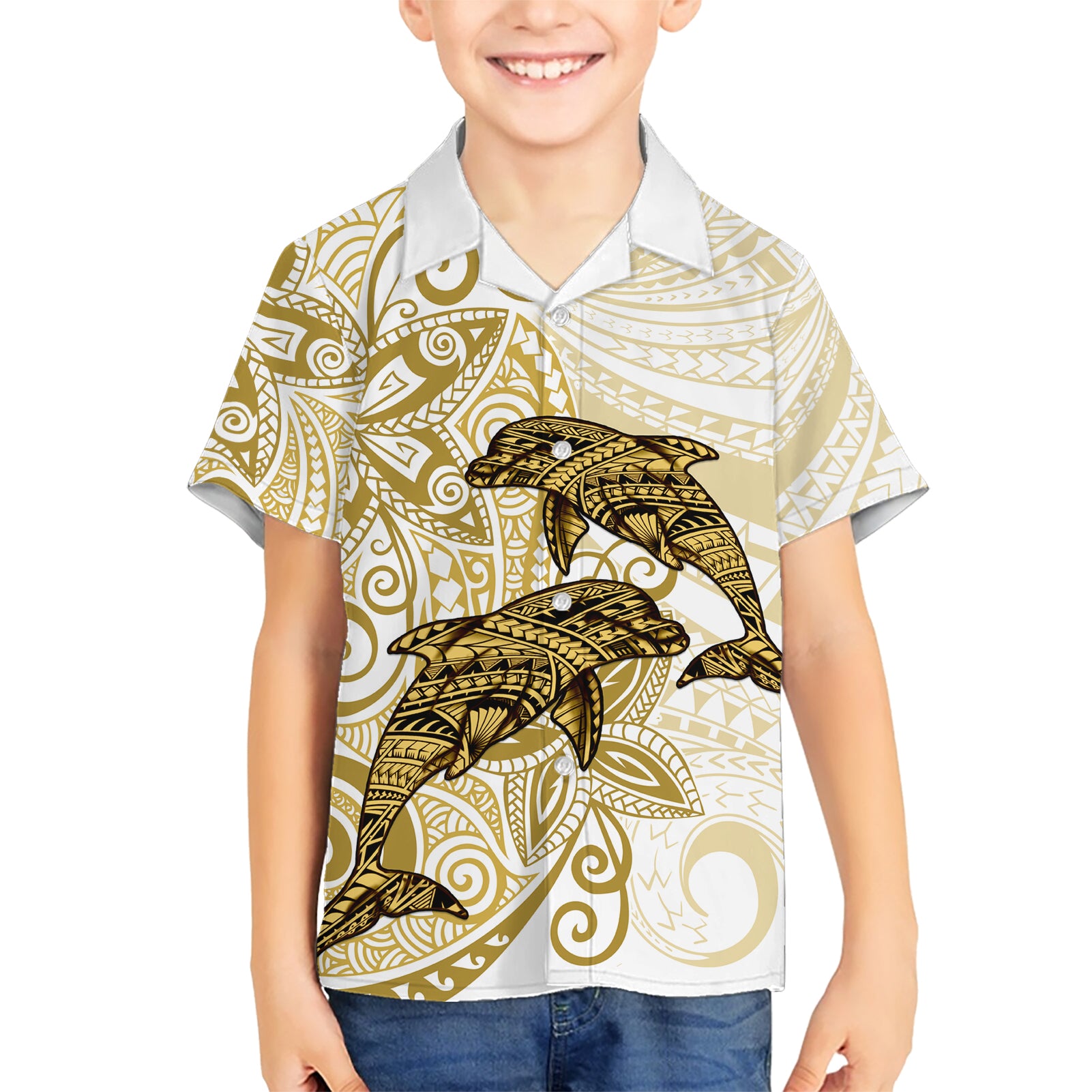 Polynesia Dolphins Kid Hawaiian Shirt Valentine Day Floral Polynesian - Vintage Brown LT14 Kid Brown - Polynesian Pride