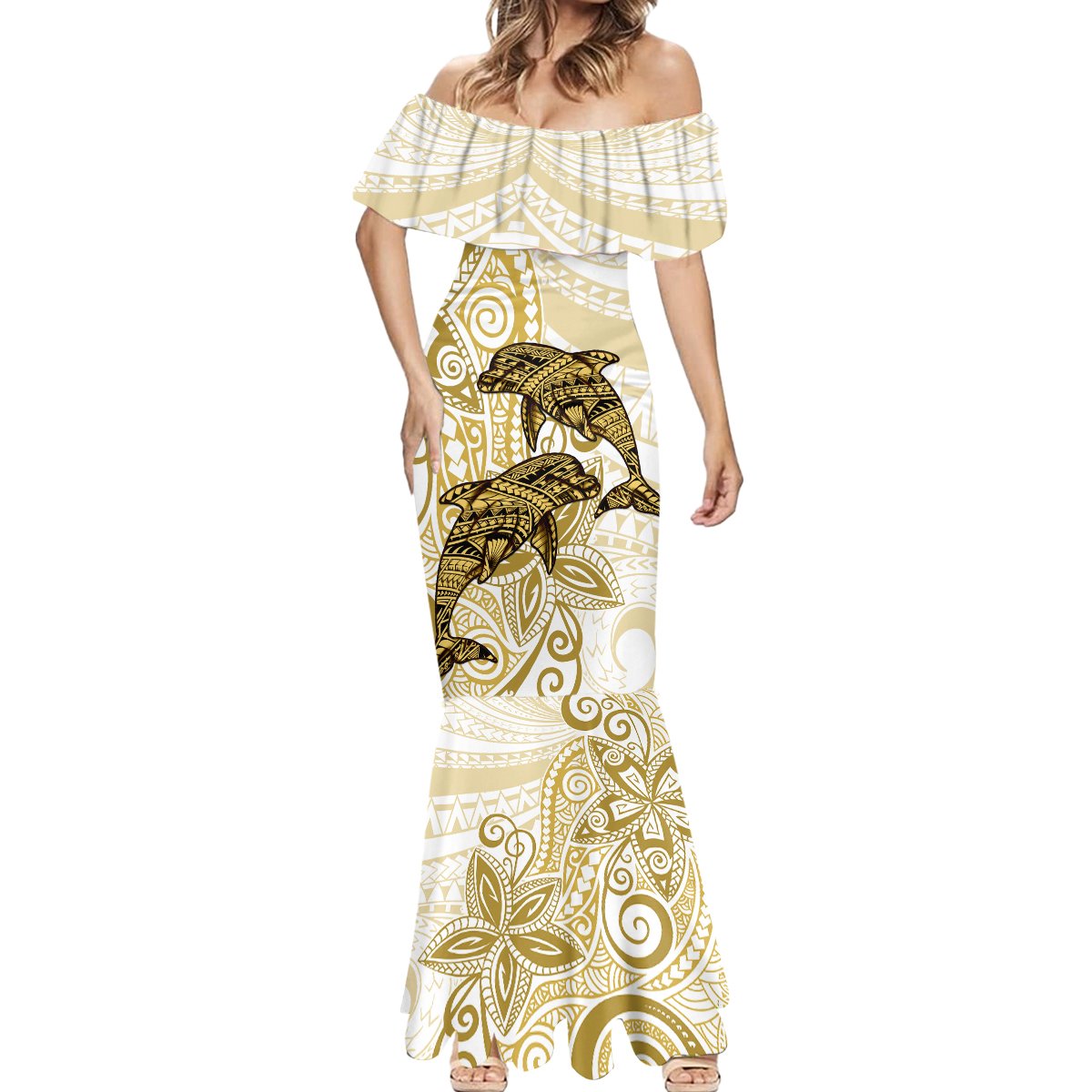 Polynesia Dolphins Mermaid Dress Valentine Day Floral Polynesian - Vintage Brown LT14 - Polynesian Pride