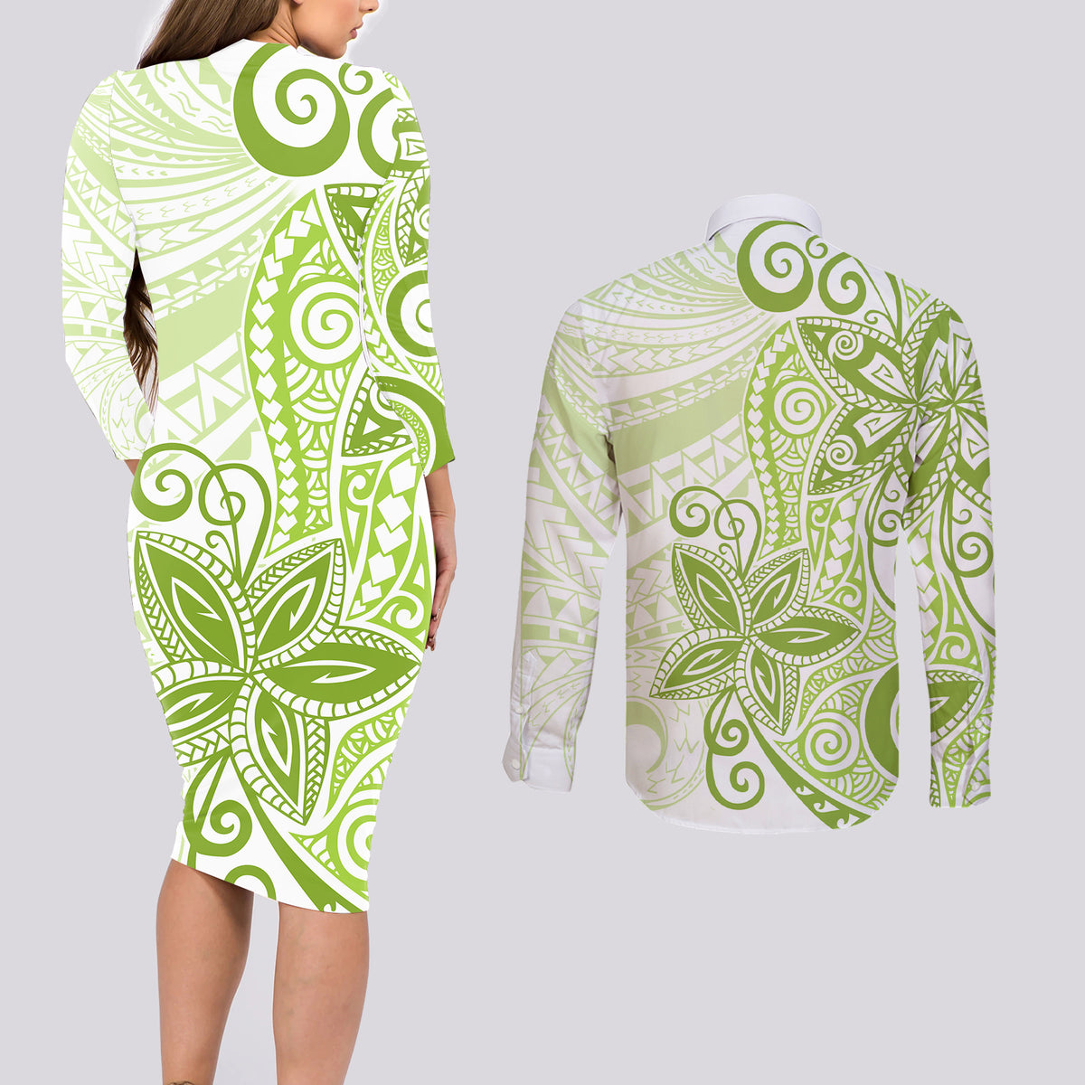 Polynesia Dolphins Couples Matching Long Sleeve Bodycon Dress and Long Sleeve Button Shirt Valentine Day Floral Polynesian - Vintage Lime Green LT14 - Polynesian Pride