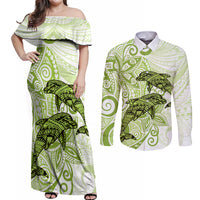 Polynesia Dolphins Couples Matching Off Shoulder Maxi Dress and Long Sleeve Button Shirt Valentine Day Floral Polynesian - Vintage Lime Green LT14 Lime Green - Polynesian Pride