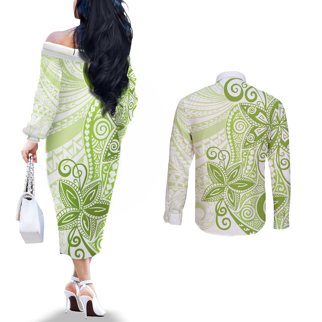 Polynesia Dolphins Couples Matching Off The Shoulder Long Sleeve Dress and Long Sleeve Button Shirt Valentine Day Floral Polynesian - Vintage Lime Green LT14 - Polynesian Pride