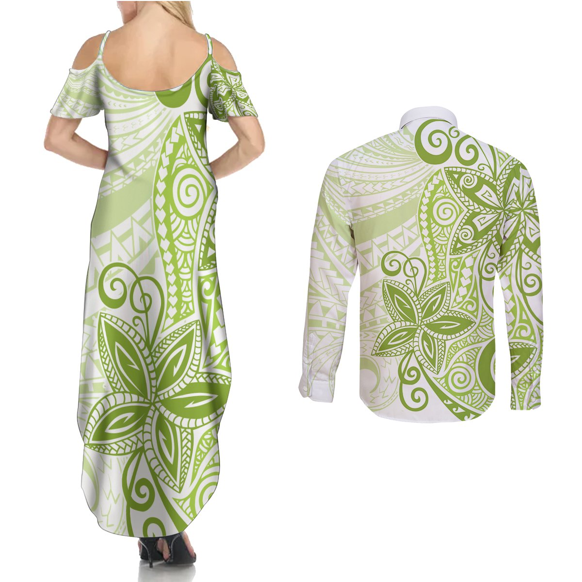 Polynesia Dolphins Couples Matching Summer Maxi Dress and Long Sleeve Button Shirt Valentine Day Floral Polynesian - Vintage Lime Green LT14 - Polynesian Pride