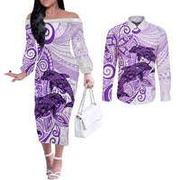 Polynesia Dolphins Couples Matching Off The Shoulder Long Sleeve Dress and Long Sleeve Button Shirt Valentine Day Floral Polynesian - Vintage Purple LT14 Purple - Polynesian Pride