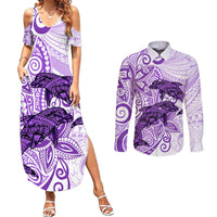 Polynesia Dolphins Couples Matching Summer Maxi Dress and Long Sleeve Button Shirt Valentine Day Floral Polynesian - Vintage Purple LT14 Purple - Polynesian Pride