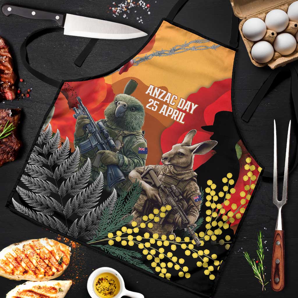 New Zealand and Australia ANZAC Day Apron Sliver Fern Kakapo With Golden Wattle Kangaroo LT14 Gold - Polynesian Pride