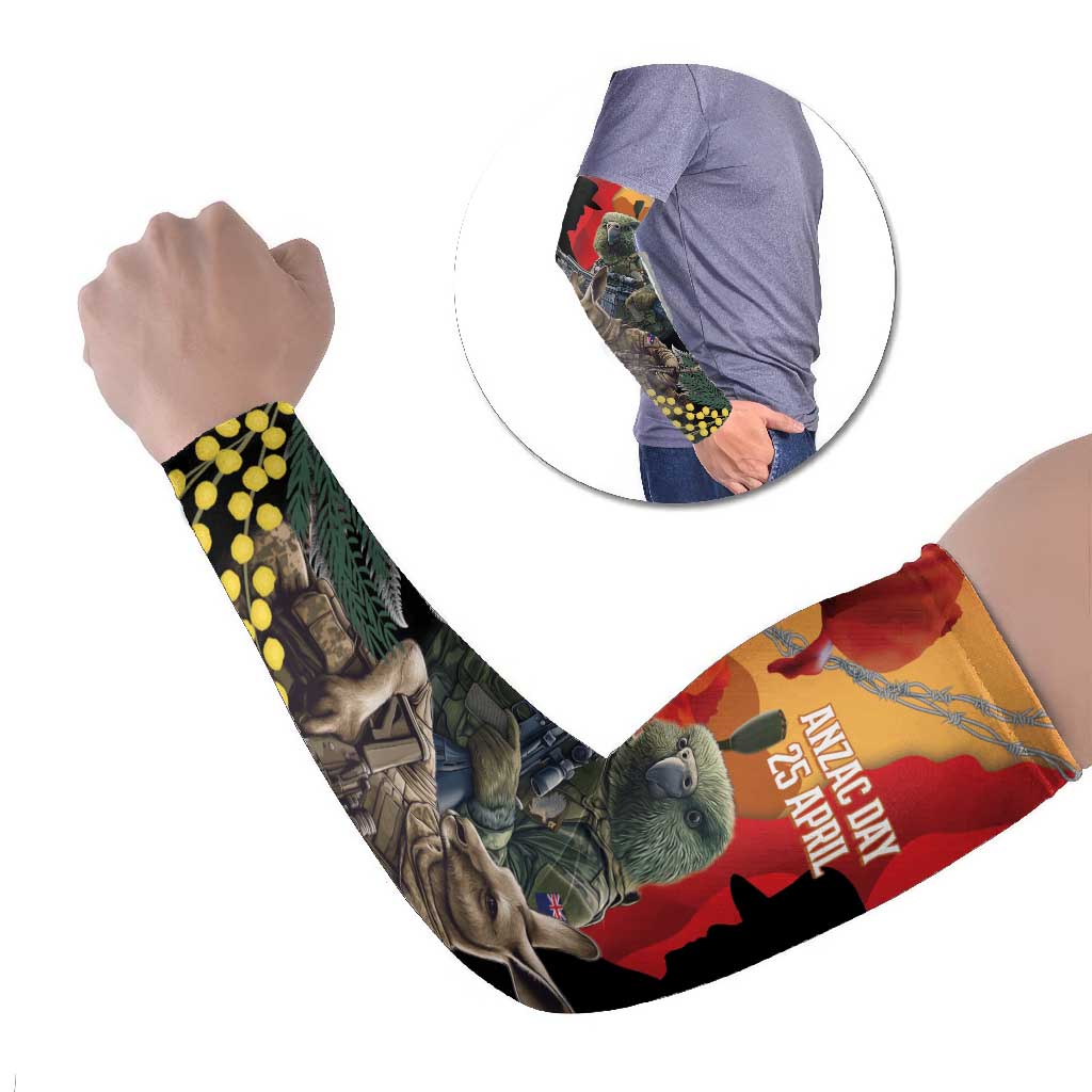 New Zealand and Australia ANZAC Day Arm Sleeves Sliver Fern Kakapo With Golden Wattle Kangaroo LT14 Set of 2 Gold - Polynesian Pride