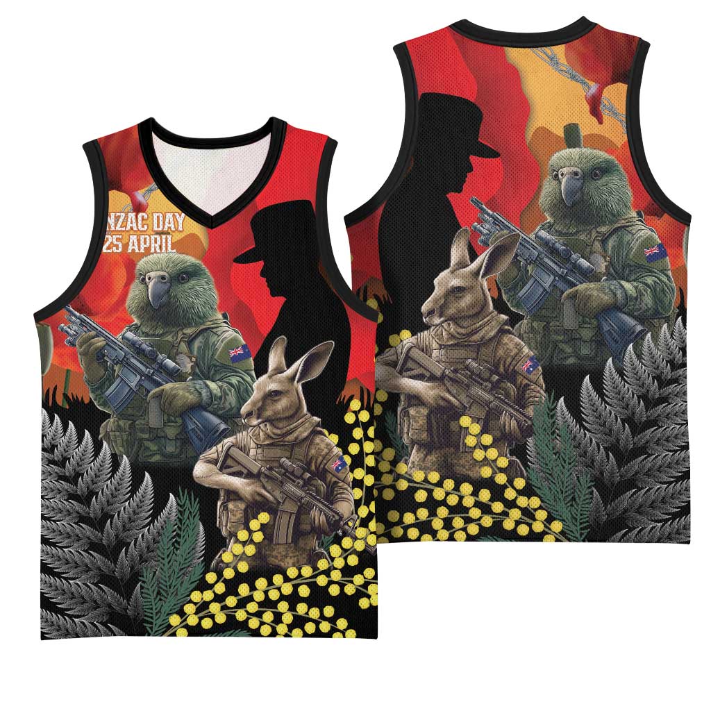 New Zealand and Australia ANZAC Day Basketball Jersey Sliver Fern Kakapo With Golden Wattle Kangaroo LT14 - Polynesian Pride