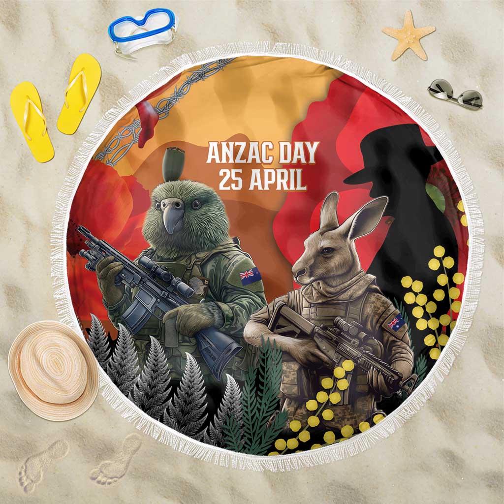 New Zealand and Australia ANZAC Day Beach Blanket Sliver Fern Kakapo With Golden Wattle Kangaroo LT14 One Size 150cm Gold - Polynesian Pride