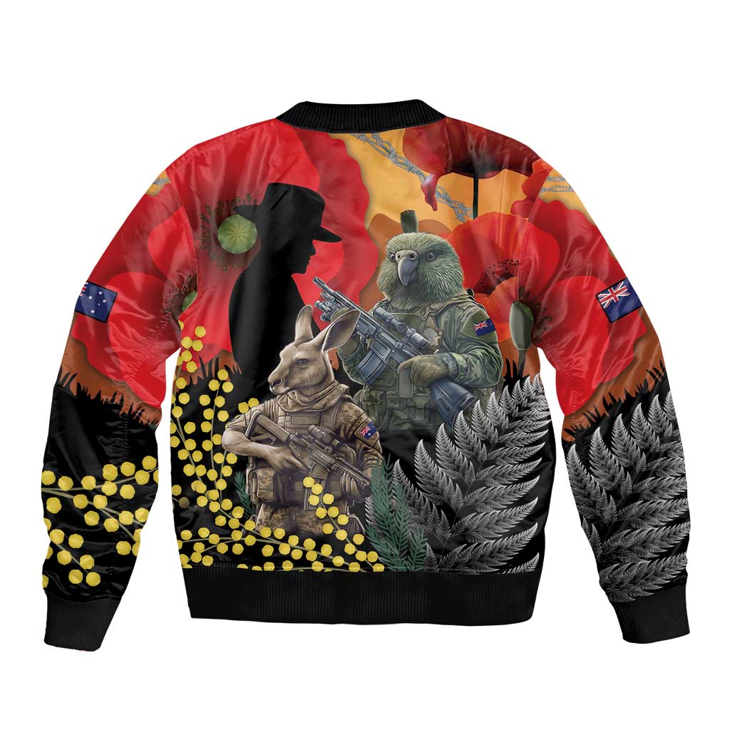 New Zealand and Australia ANZAC Day Bomber Jacket Sliver Fern Kakapo With Golden Wattle Kangaroo LT14 - Polynesian Pride