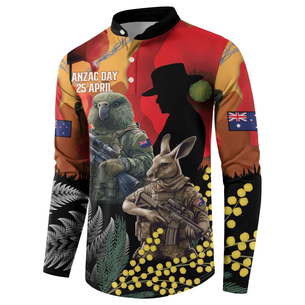 New Zealand and Australia ANZAC Day Button Sweatshirt Sliver Fern Kakapo With Golden Wattle Kangaroo LT14 - Polynesian Pride