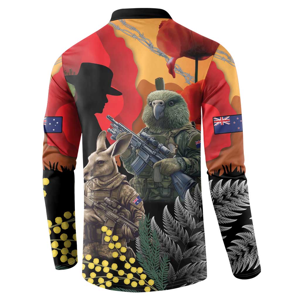New Zealand and Australia ANZAC Day Button Sweatshirt Sliver Fern Kakapo With Golden Wattle Kangaroo LT14 - Polynesian Pride