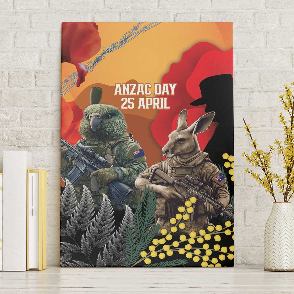 New Zealand and Australia ANZAC Day Canvas Wall Art Sliver Fern Kakapo With Golden Wattle Kangaroo LT14 Without Frame Gold - Polynesian Pride