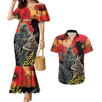New Zealand and Australia ANZAC Day Couples Matching Mermaid Dress and Hawaiian Shirt Sliver Fern Kakapo With Golden Wattle Kangaroo LT14 Gold - Polynesian Pride
