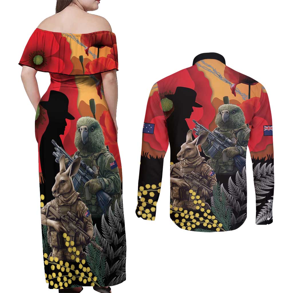 New Zealand and Australia ANZAC Day Couples Matching Off Shoulder Maxi Dress and Long Sleeve Button Shirt Sliver Fern Kakapo With Golden Wattle Kangaroo LT14 - Polynesian Pride