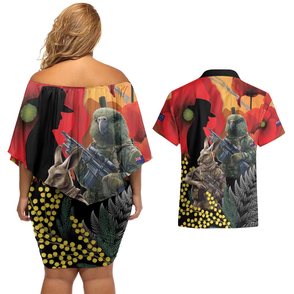 New Zealand and Australia ANZAC Day Couples Matching Off Shoulder Short Dress and Hawaiian Shirt Sliver Fern Kakapo With Golden Wattle Kangaroo LT14 - Polynesian Pride