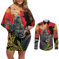 New Zealand and Australia ANZAC Day Couples Matching Off Shoulder Short Dress and Long Sleeve Button Shirt Sliver Fern Kakapo With Golden Wattle Kangaroo LT14 Gold - Polynesian Pride