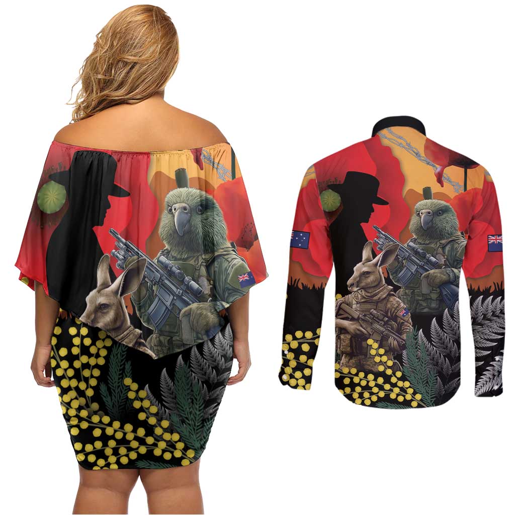 New Zealand and Australia ANZAC Day Couples Matching Off Shoulder Short Dress and Long Sleeve Button Shirt Sliver Fern Kakapo With Golden Wattle Kangaroo LT14 - Polynesian Pride