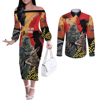 New Zealand and Australia ANZAC Day Couples Matching Off The Shoulder Long Sleeve Dress and Long Sleeve Button Shirt Sliver Fern Kakapo With Golden Wattle Kangaroo LT14 Gold - Polynesian Pride
