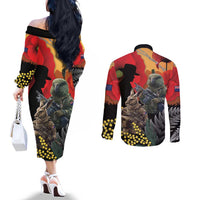 New Zealand and Australia ANZAC Day Couples Matching Off The Shoulder Long Sleeve Dress and Long Sleeve Button Shirt Sliver Fern Kakapo With Golden Wattle Kangaroo LT14 - Polynesian Pride