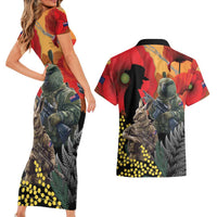 New Zealand and Australia ANZAC Day Couples Matching Short Sleeve Bodycon Dress and Hawaiian Shirt Sliver Fern Kakapo With Golden Wattle Kangaroo LT14 - Polynesian Pride