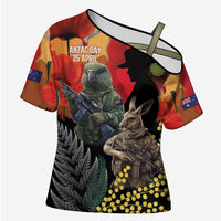 New Zealand and Australia ANZAC Day Cross Shoulder Shirt Sliver Fern Kakapo With Golden Wattle Kangaroo LT14 Female Gold - Polynesian Pride