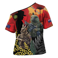 New Zealand and Australia ANZAC Day Cross Shoulder Shirt Sliver Fern Kakapo With Golden Wattle Kangaroo LT14 - Polynesian Pride